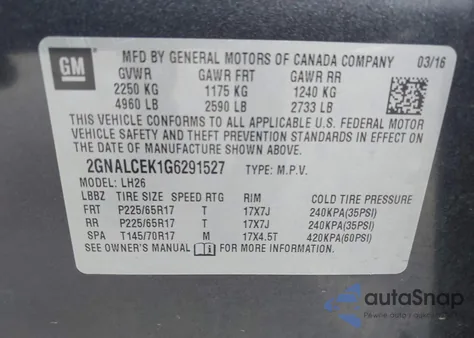 2016 Chevrolet Equinox Lt z USA, uszkodzony, nr VIN 2GNALCEK1G6291527